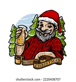 santa clause hold a glass of beer in the winter season