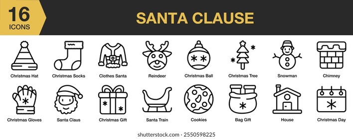 Santa Clause icon set. Includes hat, socks, reindeer, clothes, cookies, train, gloves, and More. Outline icons vector collection.