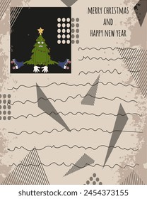 Santa Clause Letter design with Christmas tree and Doodle elemen. Retro XMAS greeting card design with Grunge surface. Christmas postcard template. Y2K Vector aesthetic. Editable stroke.