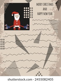 Santa Clause Letter design with Doodle element and Geometrical Shapes. Creative XMAS greeting card design with Grunge Texture. Christmas postcard template. Artistic Vector aesthetic. Editable stroke.