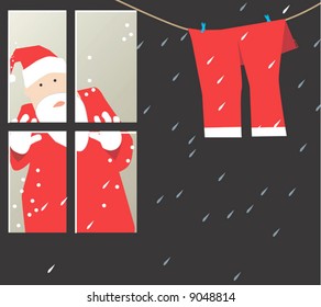 Santa clause looking at his trousers through window 	