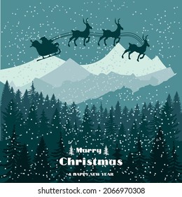 Santa Clause on deer sleigh flying over the forest in the night over the stars. Vector illustration.