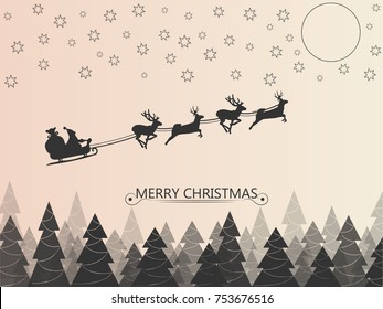 Santa Clause on deer sleigh flying over the forest in the night over the stars and the moon in black color. Vector illustration.