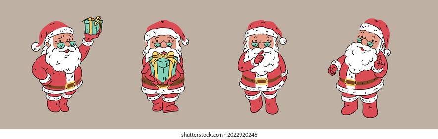 Santa clause organic line art style vector illustration. Variety pose action with glasses isolated on brown background