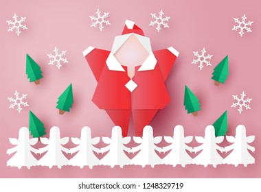 Santa Clause origami is hands up with little angels paper chains,vector illustration paper art style.