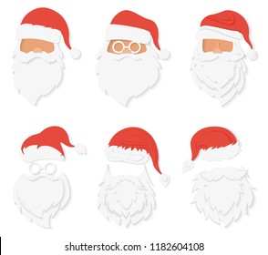 Santa Clause paper cuted style heads set. Santa emblem logo.