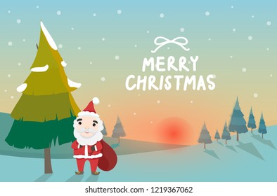 Santa clause with pine trees on hill in sunset , Merry Christmas , vector