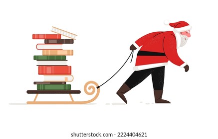 Santa Clause pulling sled with stack of books. Literature, education, library Christmas gift concept.