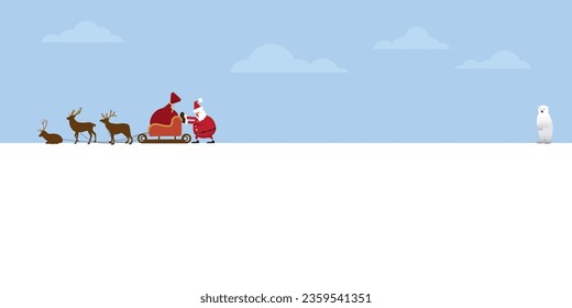Santa Clause pushing his sleigh from lazy reindeers have polar bear looking from faraway flat design vector illustration. Merry Christmas and Happy New Year greeting card template have blank space.