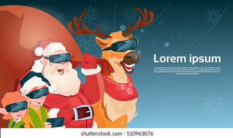 Santa Clause Reindeer Elf Group Wear Digital Glasses Virtual Reality Merry Christmas Happy New Year Flat Vector Illustration