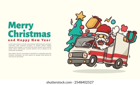 santa clause ride ambulance car for paramedice, krankenschwester und mediziner chirstmas und glückliches neues jahr grußkarte und webseite vorlage vektorgrafik