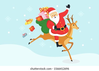 santa clause ride a deer with a gift. Design vector illustration