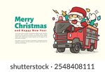 santa clause ride fire trucks for firefighter chirstmas and happy new year greeting card and web page template vector illustration