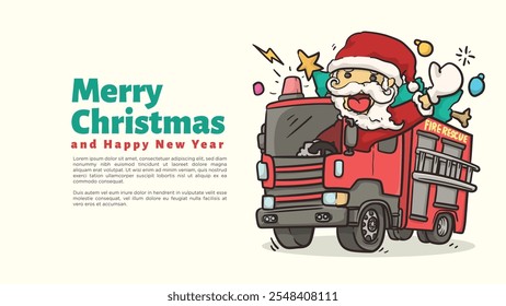 santa klausel fahren feuerwehrwagen für feuerwehrmann weihnachten und glückliches neues jahr grußkarte und webseite vorlage vektorgrafik