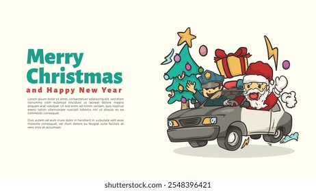 santa clause ride police car for policeman chirstmas and happy new year greeting card and web page template vector illustration