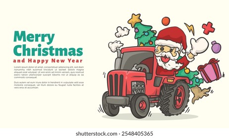 santa clause ride tractor for farmer chirstmas and happy new year greeting card and web page template vector illustration