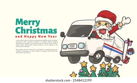 santa clause ridepackage delivery car for Business distribution and logistics express service chirstmas and happy new year greeting card and web page template vector illustration