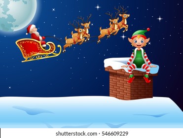 Santa Clause riding his reindeer sleight with little elf