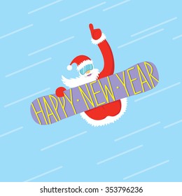 Santa clause riding on the snowboard, Happy new year and Merry Christmas greeting card, winter snowboarding, Line illustration on blue background 