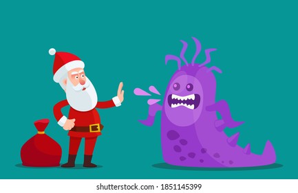 Santa Clause show hand gesture STOP for coronavirus, dangerous germ. Santa fight with monster virus. Vector illustration, flat design cartoon style, isolated background.