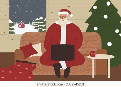 Santa Clause sits on the sofa with laptop in wooden house. Online video conference with families and children at Christmas time. Vector illustration