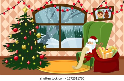 Santa Clause is sitting in his chair at home and reading wish list. Christmas tree, winter window, gifts in the bag. Cozy interior. Vector illustration. 