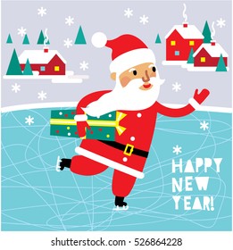 Santa Clause skating on the ice rink in the village. 2021 Happy New Year card. Vector illustration.