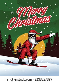 santa clause snowboard freestyle christmas hand drwan illustration banner vector desgn