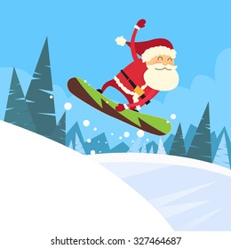 Santa Clause Snowboarder Sliding Down Hill, Merry Christmas Banner Snowboarding Snow Mountains Slopes Happy New Year Card Flat Vector Illustration