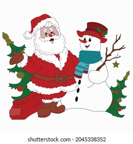Dibujo de arte plano de Santa Clause y Snowman