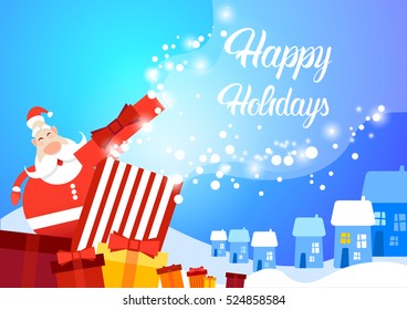 Santa Clause Snowy Village Happy New Year Merry Christmas Greeting Card Banner Flat Vector Illustration