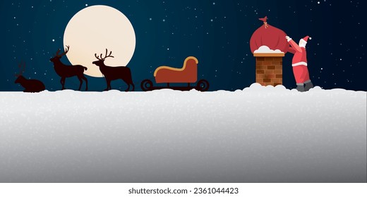 Santa Clause try to push his gift bag into brick chimney at the roof which cover by snow vector illustration. Merry Christmas and Happy New Year greeting card template have blank space.