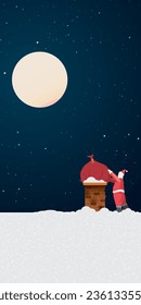 Santa Clause try to push his gift bag into brick chimney at the roof which cover by snow vertical vector illustration. Merry Christmas and Happy New Year greeting card template.