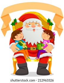 Santa Clause with two kids on his lap and an empty label on top