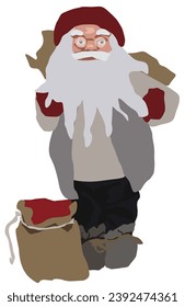 Santa Clause walking with big bag of presents isolated on white background