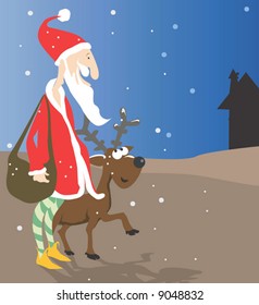 Santa clause walking with a deer at night	