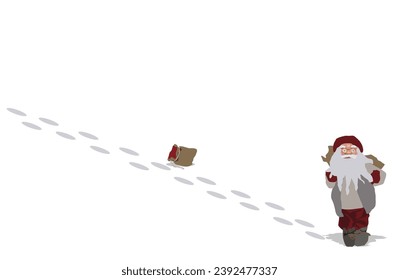 Santa Clause walking down on heavy snow hill leaving footsteps in the snow and dropping old bag behind.