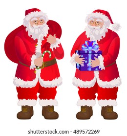 Santa Clauses Characters in different poses with gift and bag.