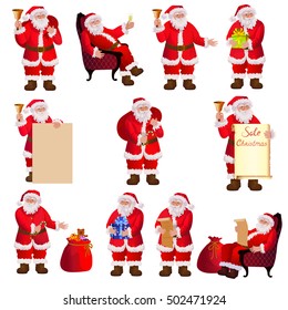 Santa Clauses characters set. Collection Christmas cartoon Santa isolated on white.