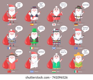 Santa Clauses from countries all over world with gifts isolated on grey background. Vector illustration with congratulations from different parts of planet