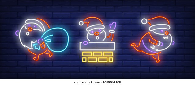 Santa Clauses, gifts sack, chimney neon signs set. Christmas, New Year Day, celebration design. Night bright neon sign, colorful billboard, light banner. Vector illustration in neon style.