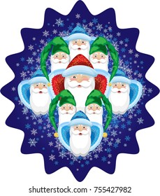  Santa Clauses and Gnomes in snowflakes. On a blue gradient shaped background