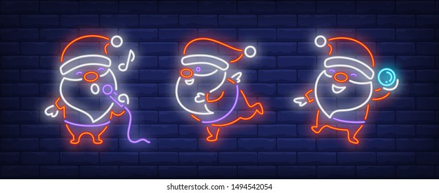 Santa Clauses with microphone and snowball neon signs set. Christmas, New Year Day design. Night bright neon sign, colorful billboard, light banner. Vector illustration in neon style.