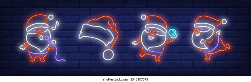 Santa Clauses with microphone and snowball neon signs set. Christmas, New Year Day design. Night bright neon sign, colorful billboard, light banner. Vector illustration in neon style.