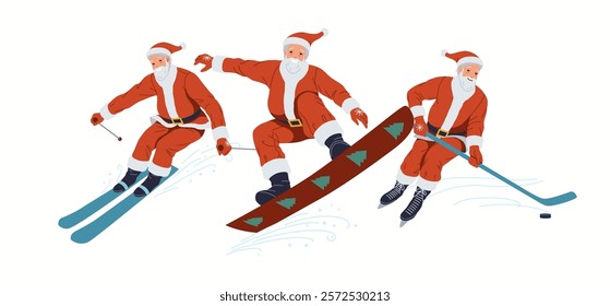 Santa Clauses practicing winter sports flat color vector icon set. Saint Nicolas training on Christmas characters pack on white background