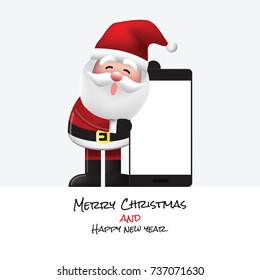  Santa Clauses Presenting messages via smartphone, Mary Christmas and Happy New Year Vector illustration.background
