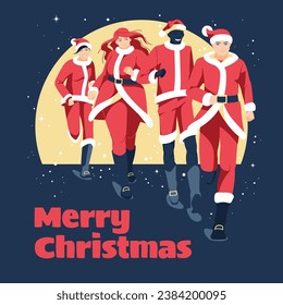 Santa Clauses are running a marathon. Different people dressed in Santa clothes. Vector flat illustration. Sports, healthy lifestyle