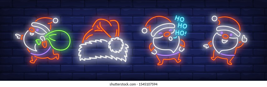 Santa Clauses sack neon signs set. Christmas, New Year Day design. Night bright neon sign, colorful billboard, light banner. Vector illustration in neon style.