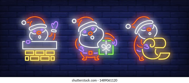 Santa Clauses, scroll, chimney and gift box neon signs set. Christmas, New Year Day, celebration design. Night bright neon sign, colorful billboard, light banner. Vector illustration in neon style.