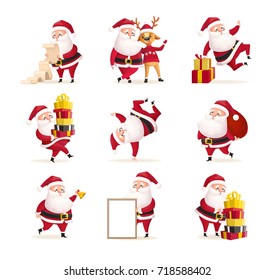 Santa Clauses set for Christmas and New Year. Vector cartoon characters isolated on white background. Santa Clause with letter, sack, deer, poster and gifts.